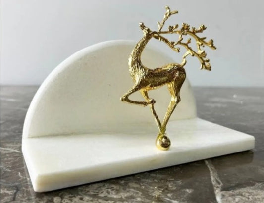 Doğal Beyaz Mermer Peçetelik Gold Geyik Objeli Yarım Daire 4.3 1