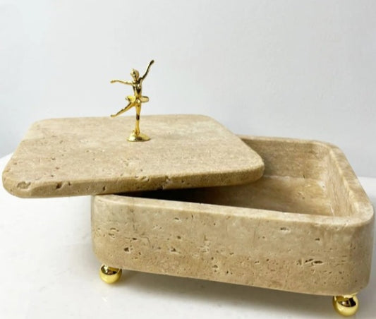 Traverten Mermer Dekoratif Kase Top ayaklı balerin objeli traverten kutu