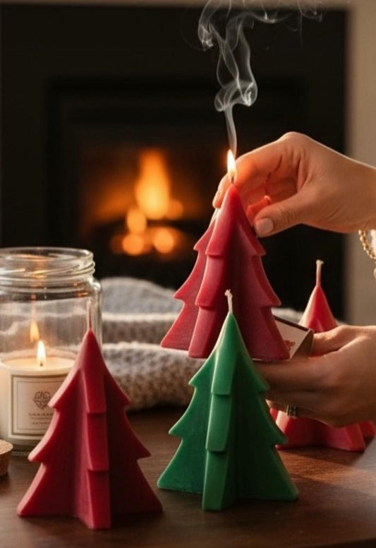 Dekoratif Mum Çam ağaç 3 parça bordo Renk çam 2 adet +1 Adet yeşil Renk ağaç