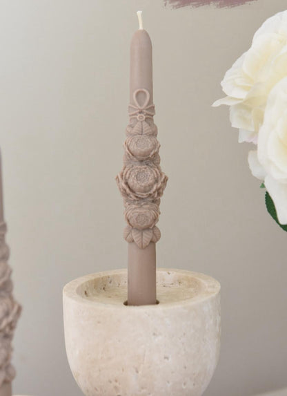 Dekoratif Mum Şamdanlık Mum gül çiçek desenli 2 kili  Kahve Renk