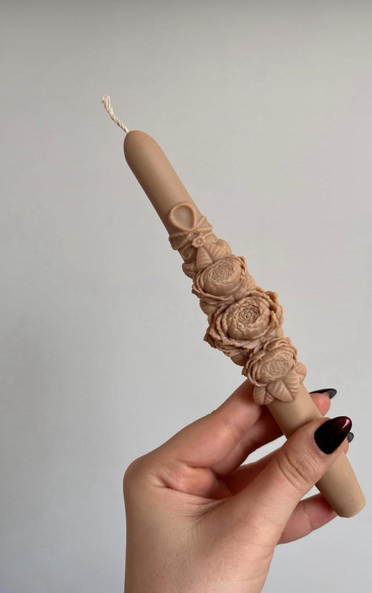 Dekoratif mum şamdanlık Mum Çiçek desenli 2 Kili kahve renk