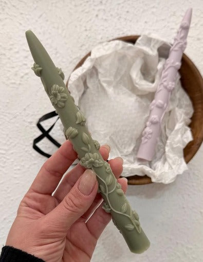 Dekoratif mum Şamdanlık mum 2 kili çiçek model Yeşil renk Bahar desenli