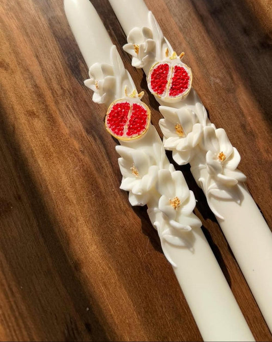 Dekoratif Mum  Nar çiçek desenli Beyaz renk 2 kili