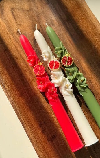 Dekoratif Mum  Nar çiçek desenli Yeşil renk 2 kili