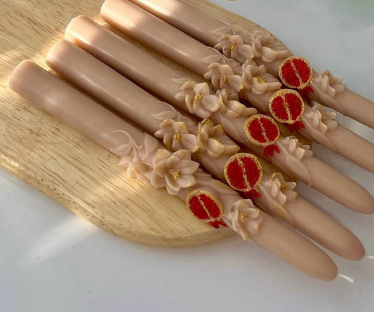 Dekoratif Mum  Nar çiçek desenli kırık Beyaz renk 2 kili