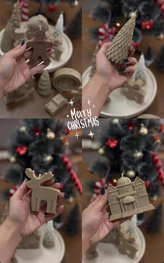 Dekoratif Mum Geyik+ Çam ağaç +Ev +Bisküvi adam Toplam 4 parça