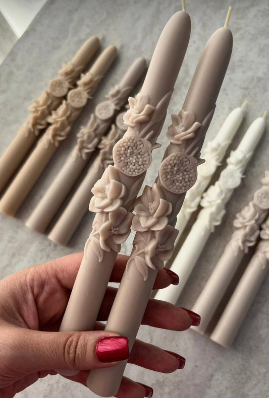 Dekoratif Mum  Nar çiçek desenli kırık Beyaz renk 2 kili