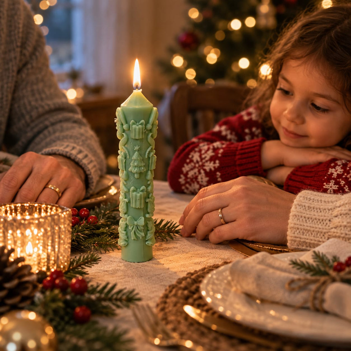 Dekoratif Mum Şamdanlık Yılbaşı Temalı 2 Parça Yeşil Yok Tompul Model - görsel 6
