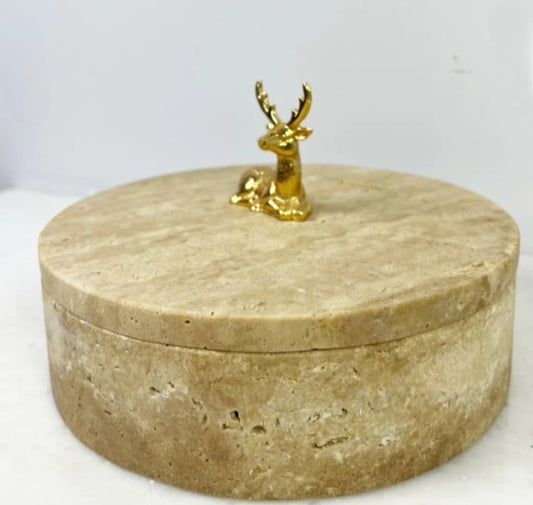 Traverten Kapaklı Kase 20cm Gold Geyik Aksesuarlı