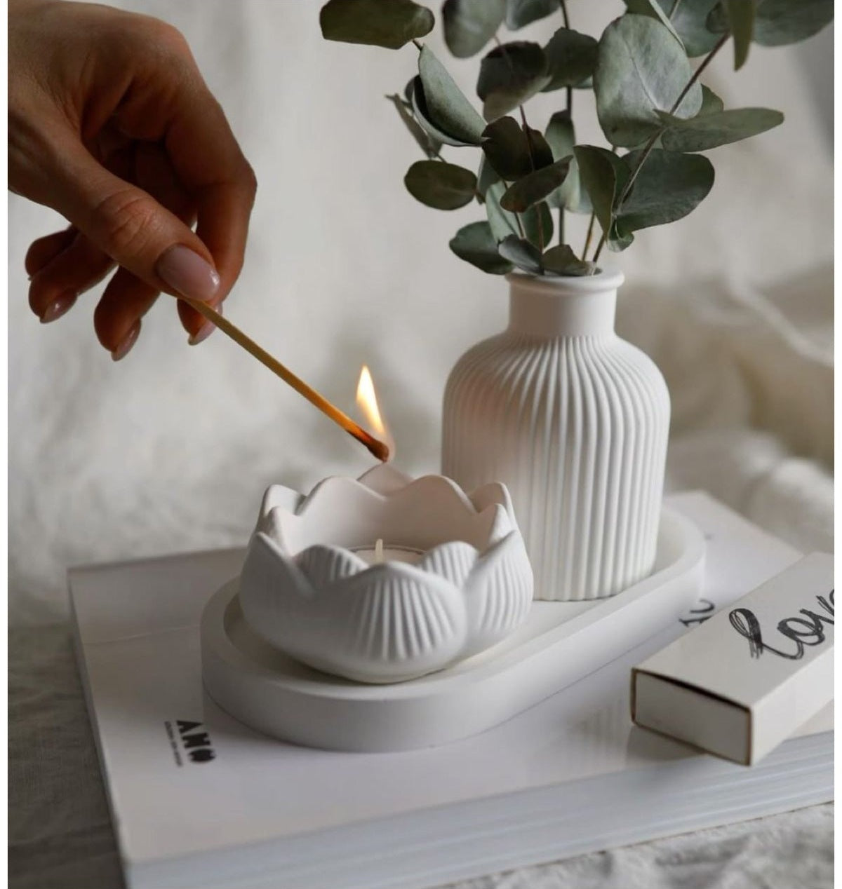 3'lü Dekoratif Set Vazo, Lotus Mum, Oval Tabak