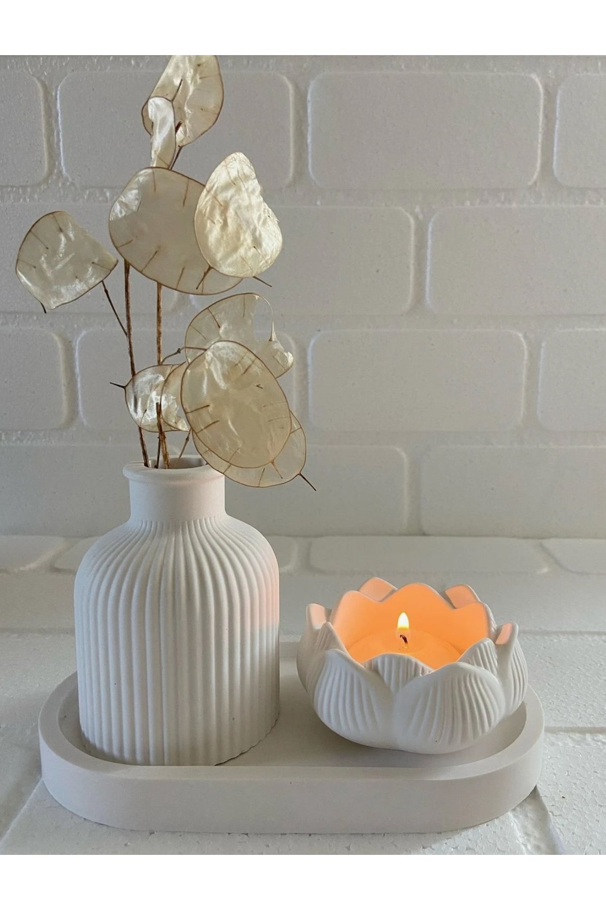 3'lü Dekoratif Set Vazo, Lotus Mum, Oval Tabak – görsel 2