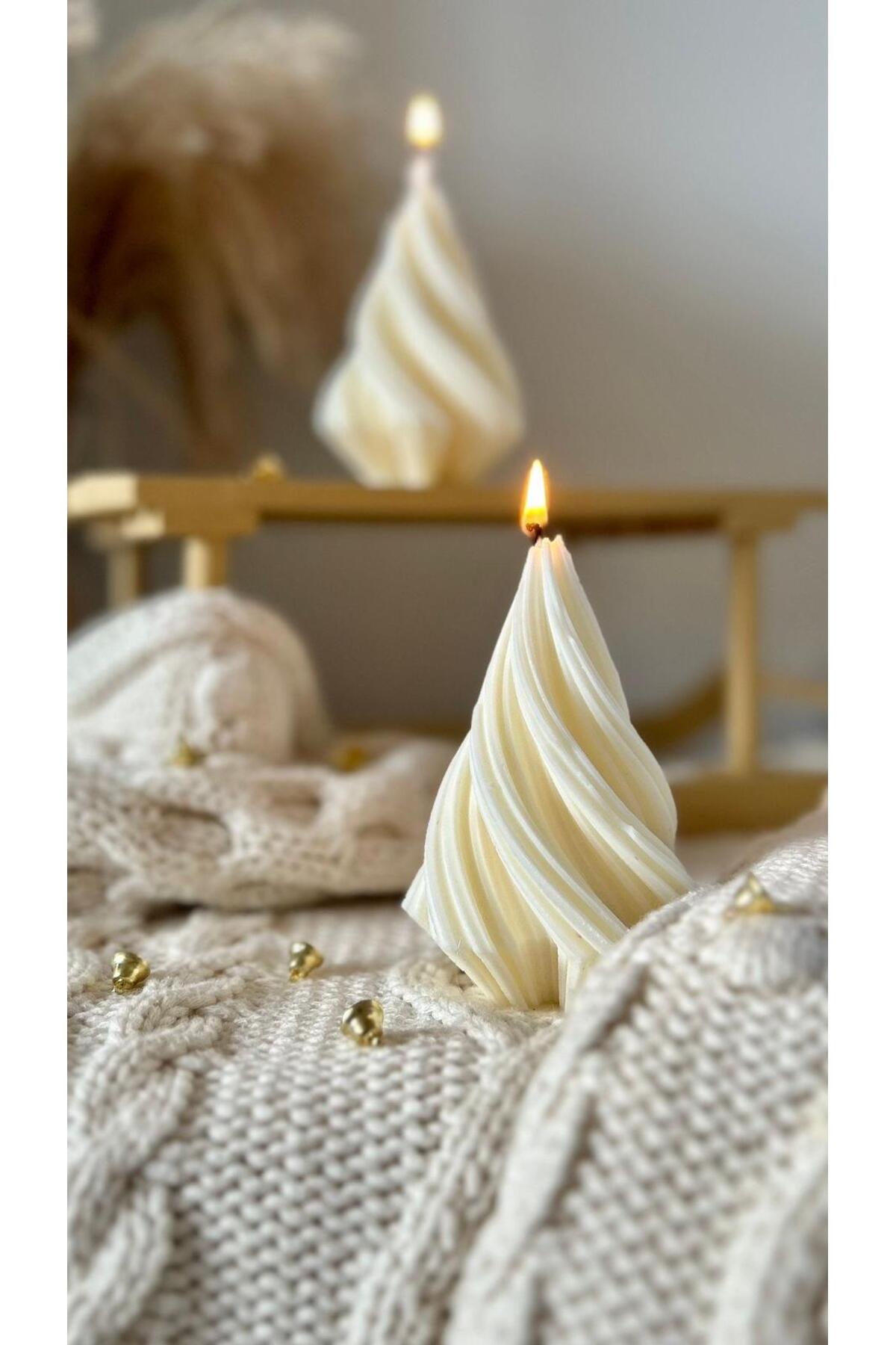 Çam Ağacı Yılbaşı Beyaz Dekoratif Mum %100 Soya Wax Kokulu – görsel 8