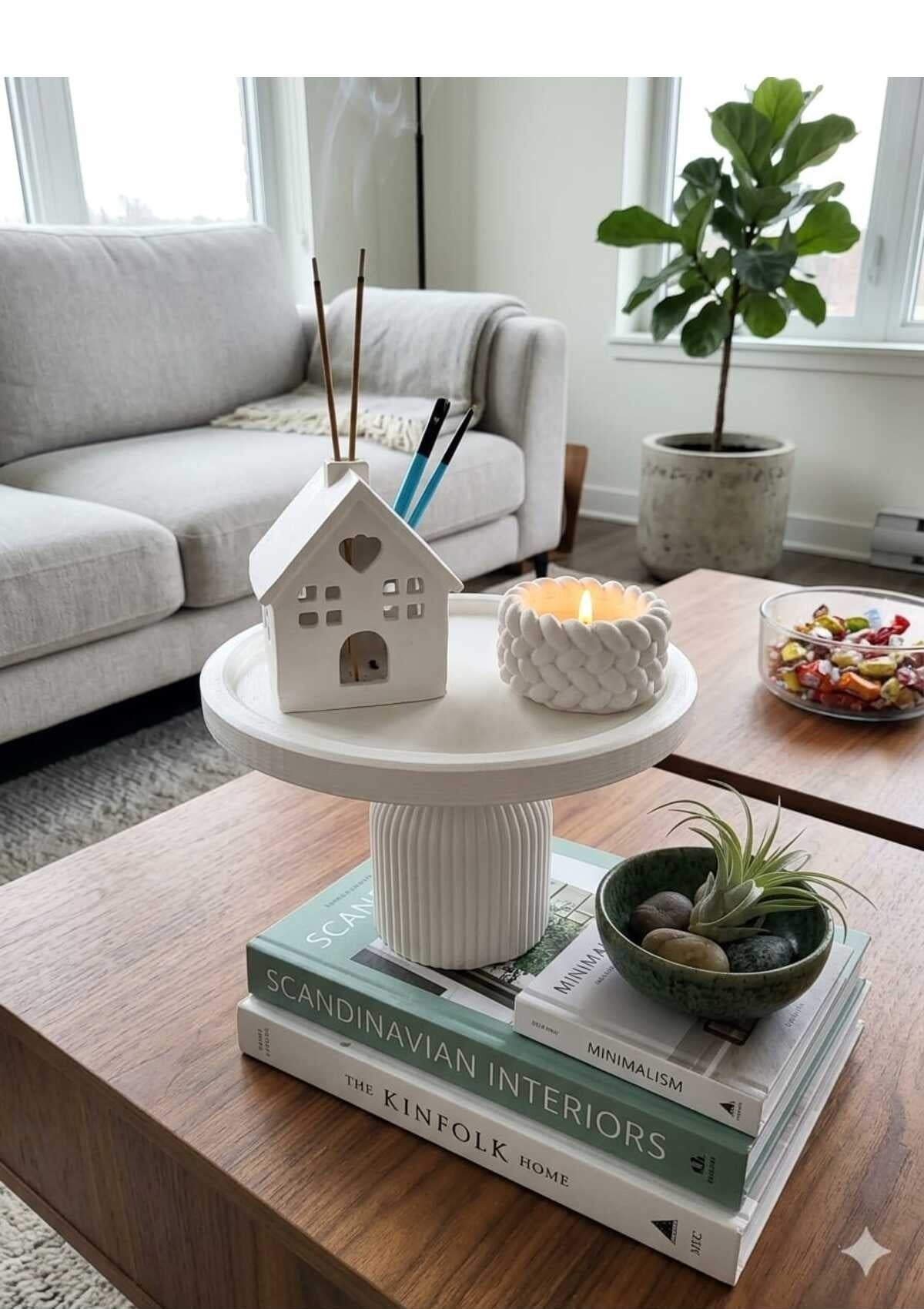Dekoratif Ayaklı Yuvarlak Tepsi + Ev + Burgu Mumluk