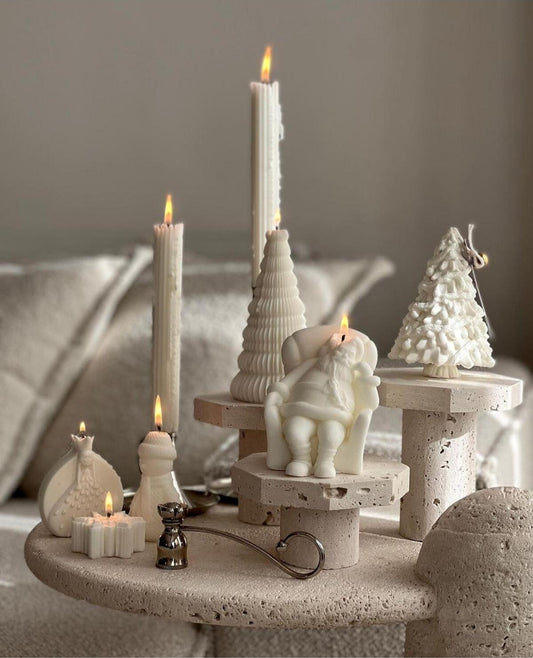 Dekoratif Çam Ağacı ve Kar Tanesi ve Noel Baba 7'li Mum Seti Bej