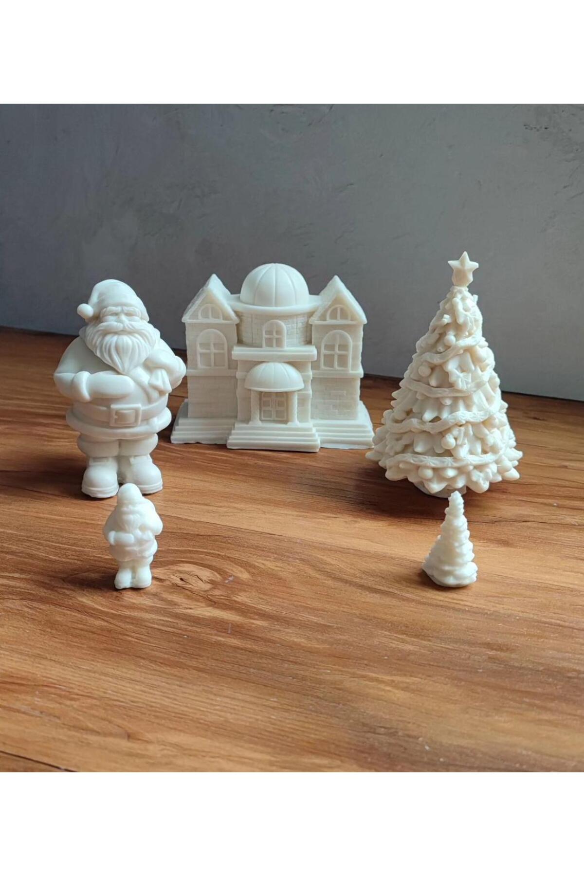 Dekoratif Çam Ağacı ve Kar Tanesi ve Noel Baba 7'li Mum Seti Bej – görsel 3