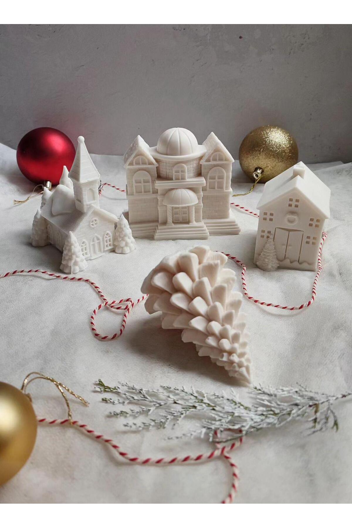 Dekoratif Çam Ağacı ve Kar Tanesi ve Noel Baba 7'li Mum Seti Bej – görsel 5