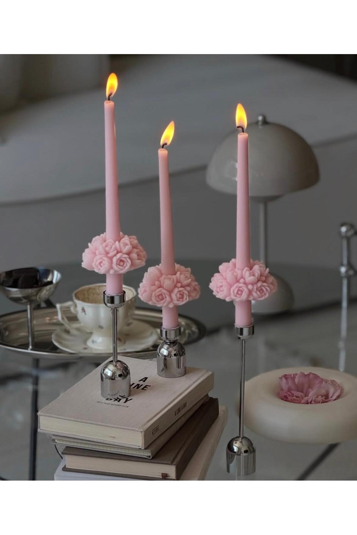 Dekoratif Çiçek Şamdan Mumu 2'li Pembe – görsel 2