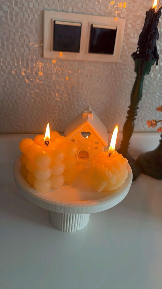 Dekoratif Mum + Ayaklı Tepsi + 2 Adet Mum + Ev