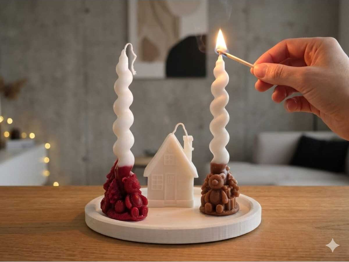 Dekoratif Mum Ayıcık Mum ve Ev ve Tepsi 4'lü Set