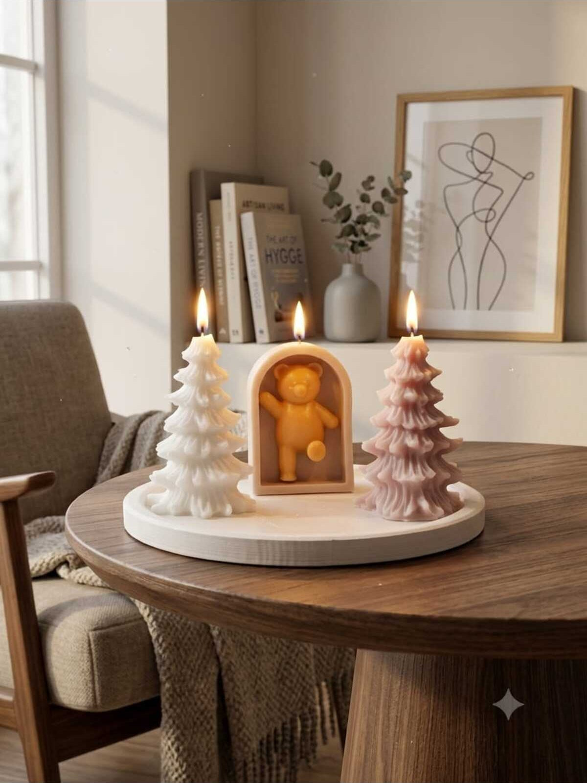 Dekoratif Mum Çam Desenli + Tesi + Tepsi Toplam 4 Parça