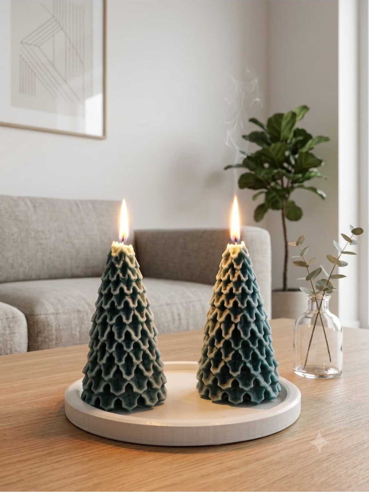 Dekoratif Mum Çam Desenli ve Tepsi 3'lü Set