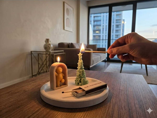 Dekoratif Mum Çam Ev Desenli ve Ayıcık ve Tepsi 3'lü Set
