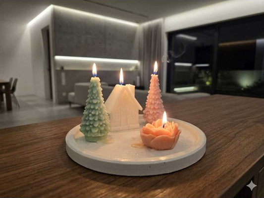 Dekoratif Mum Çam Mum ve Kalp Çiçek ve Tepsi ve Ev 5'li Set