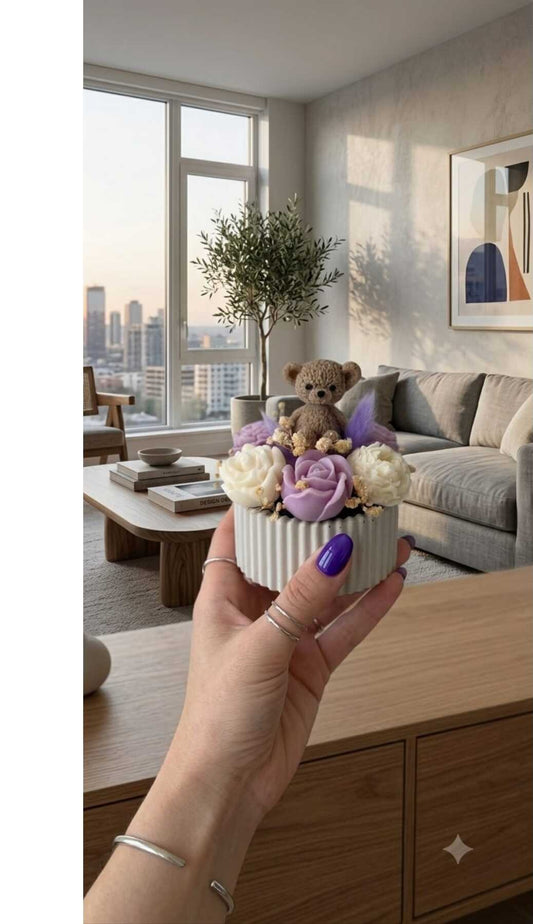 Dekoratif Mum Çiçek Desenli ve Ayıcık