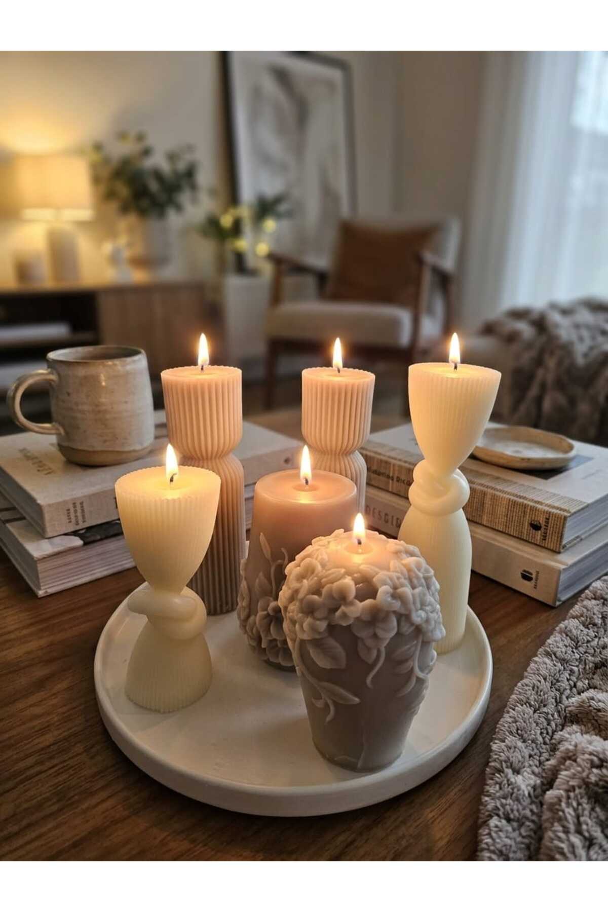 Dekoratif Mum Çiçek ve Çok Fwn ve Düğüm ve Tepsi 7'li Set – görsel 3