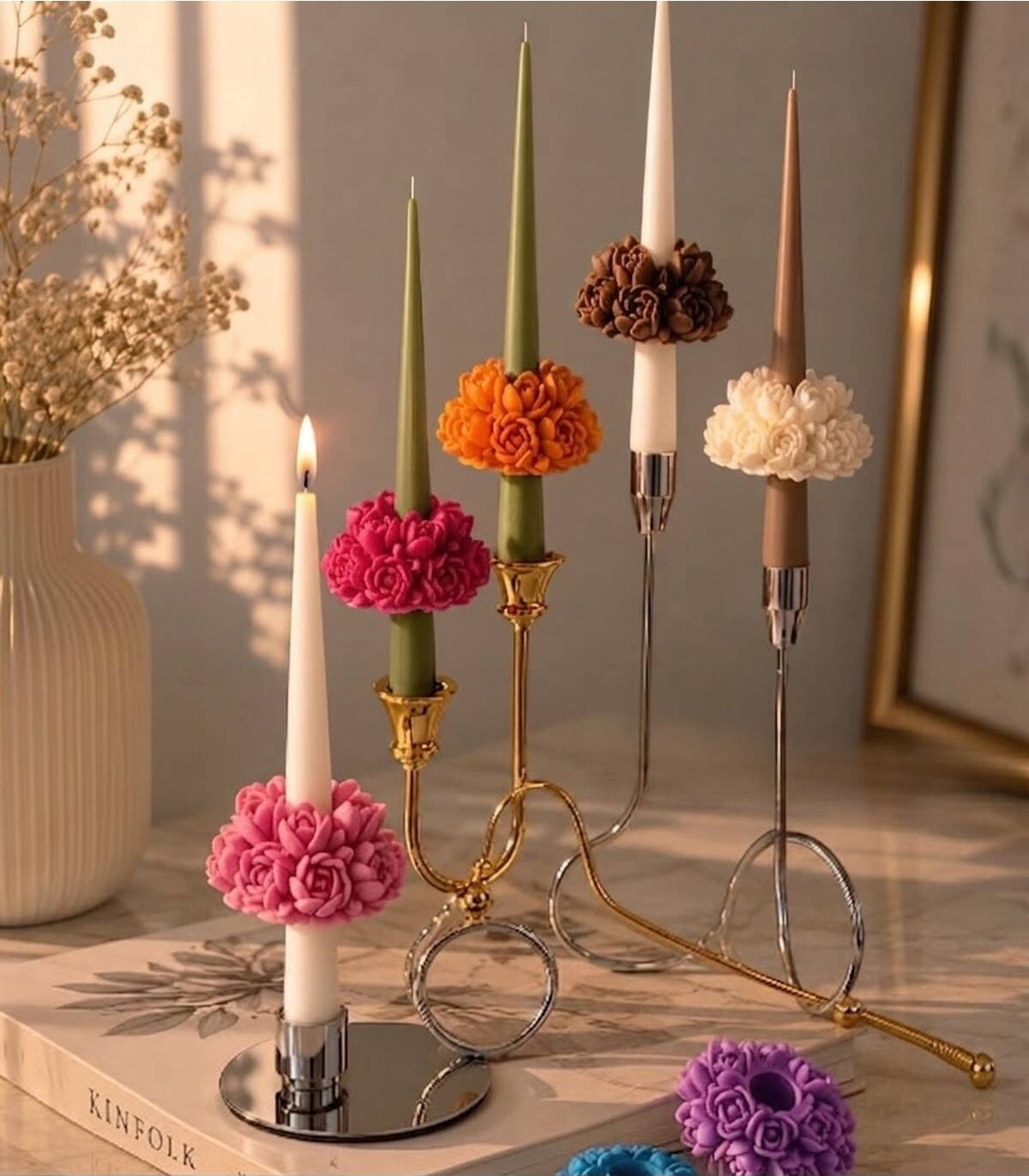 Dekoratif Mum Çiçekli Desenli Toptlam 10'lu Set