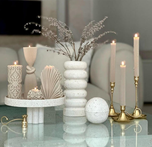 Dekoratif Mum Çizgili + Düğüm + Palm + Gül + Çizgili Şamdan Toplam 7 Parça