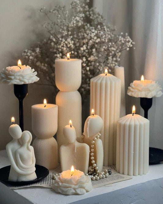 Dekoratif Mum Çokgen 20 cm + 15 cm + Çokgen 20 cm + 15 cm + Aşk + Kucak + Şakayık Gül Toplam 9 Parça