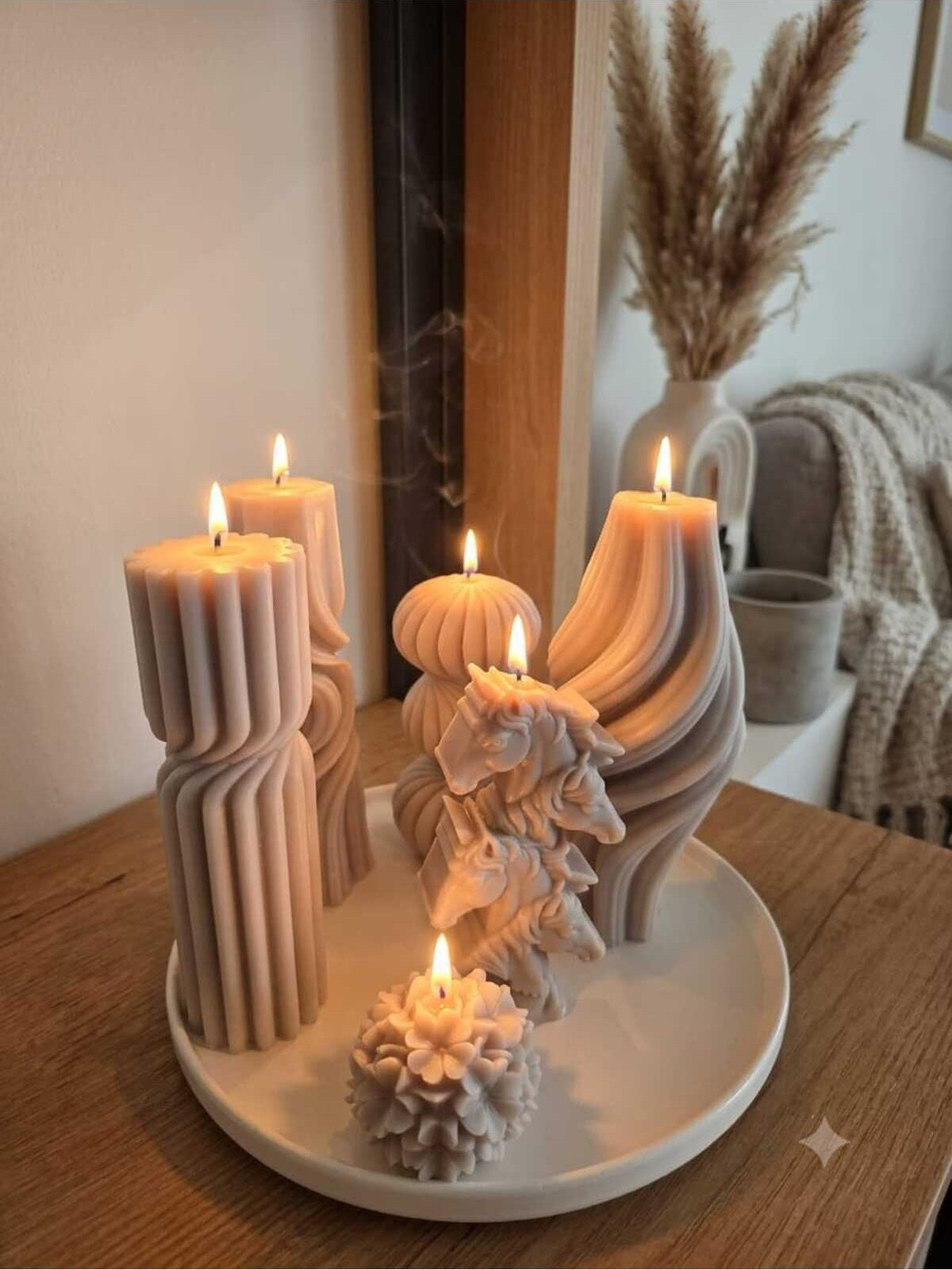 Dekoratif Mum Çokgen ve Vazo Mum ve At ve Çiçek ve Dalga ve Üçlü Top 6'lı Set