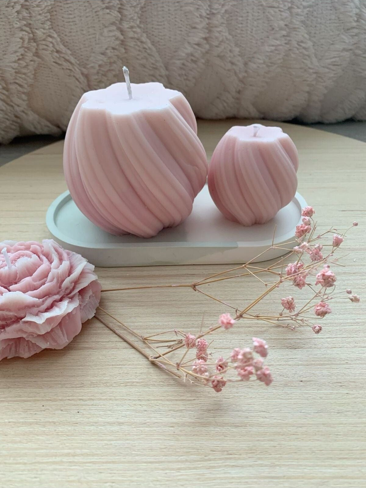 Dekoratif Mum Dalga Mum 2 Adet Pembe + Tepsi