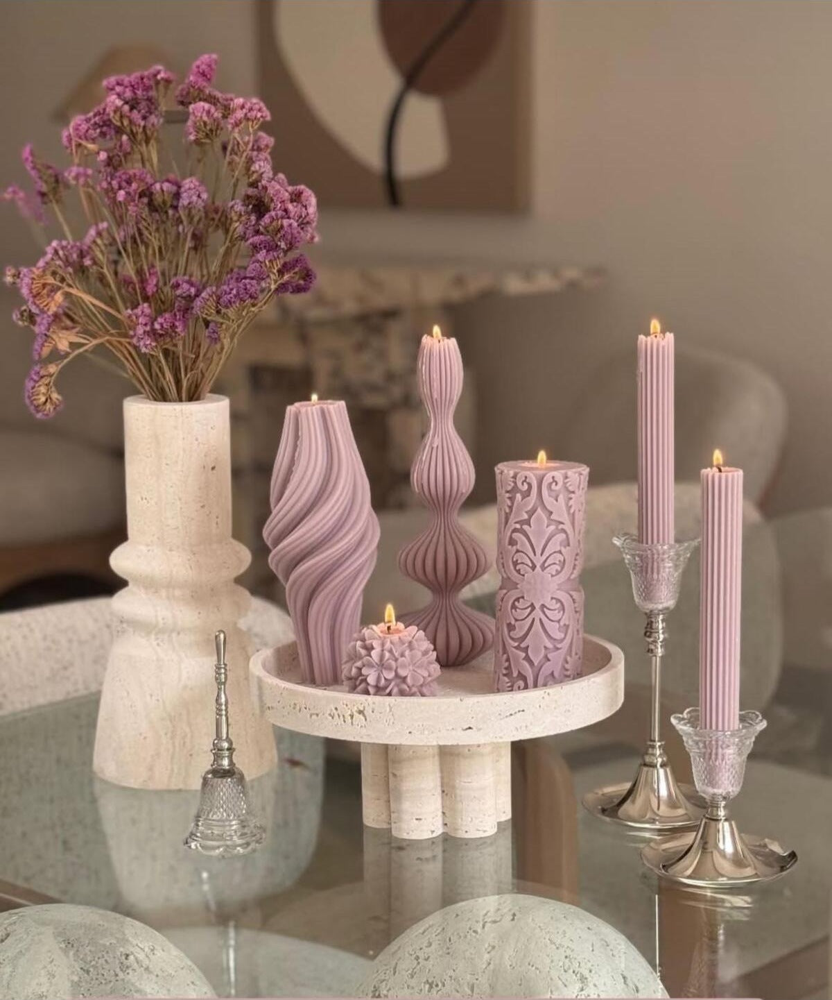 Dekoratif Mum Dalga + Vazo + Gül + Çizgili + Şamdanlık Toplam 6 Parça