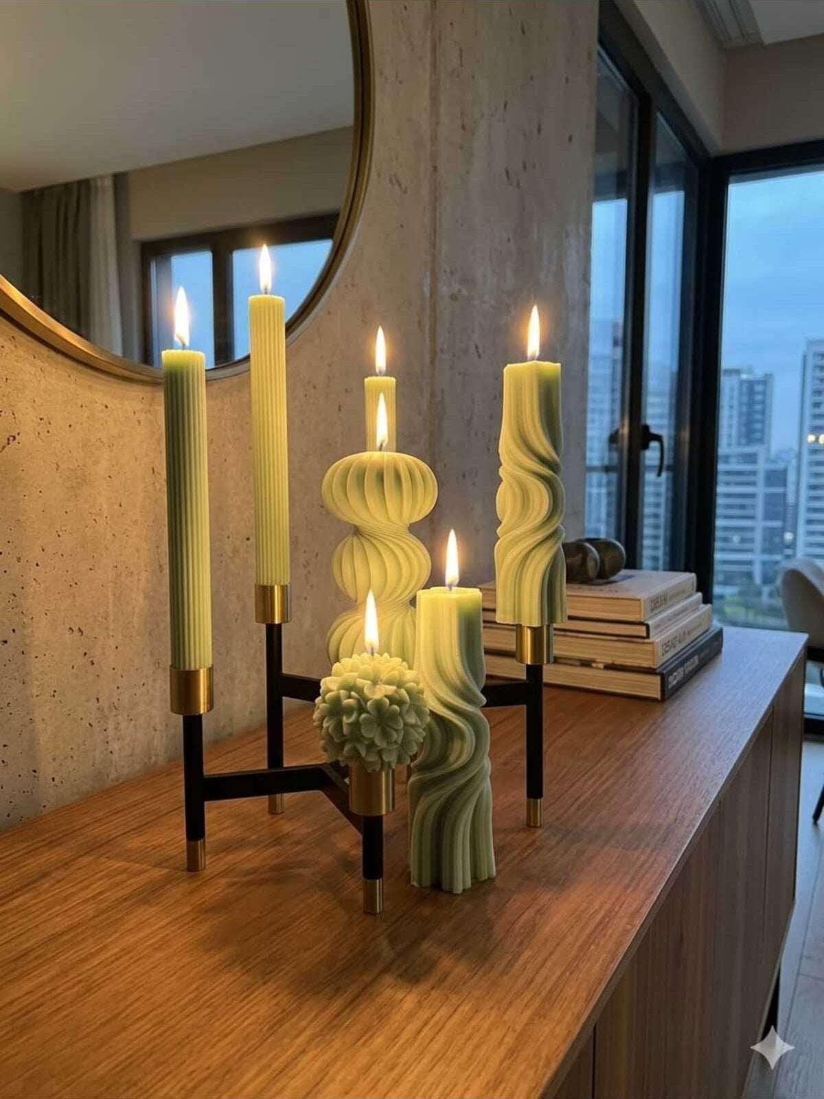 Dekoratif Mum Dalga ve Çiçek ve Şamdan Mumu ve Üç Toplu 7'li Set