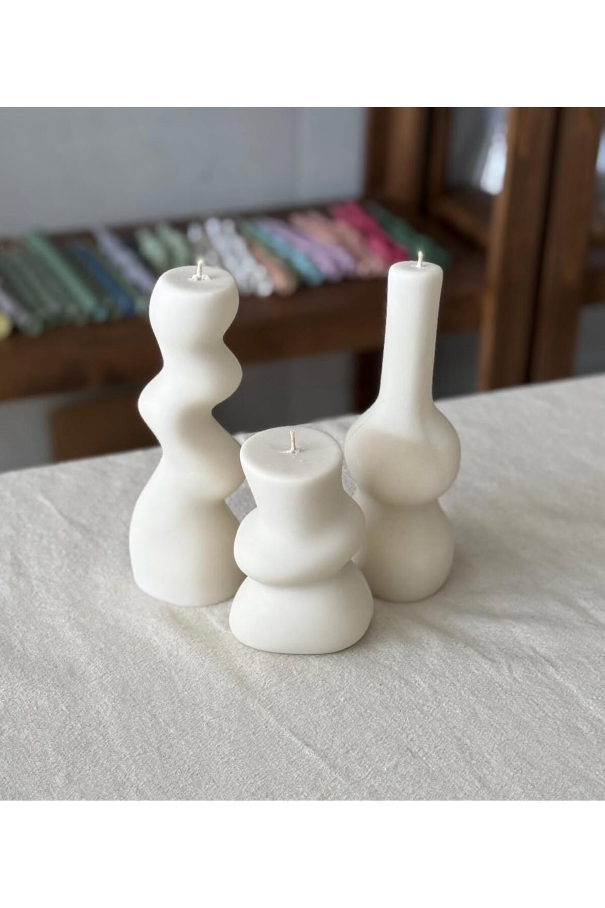 Dekoratif Mum Eğlimli Set 3'lü Kırık Beyaz – görsel 2
