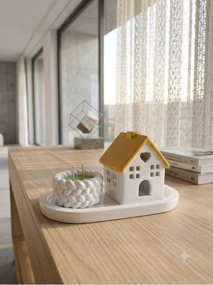 Dekoratif Mum Ev Desenli Tavan Açık Kahve ve Tepsi ve Şamdanlık İçinde Mum 3'lü Set