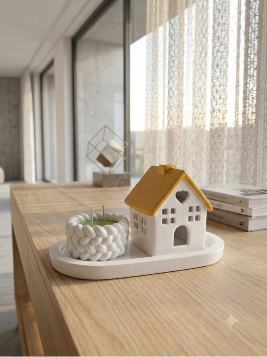 Dekoratif Mum Ev Desenli Tavan Açık Kahve ve Tepsi ve Şamdanlık İçinde Mum 3'lü Set