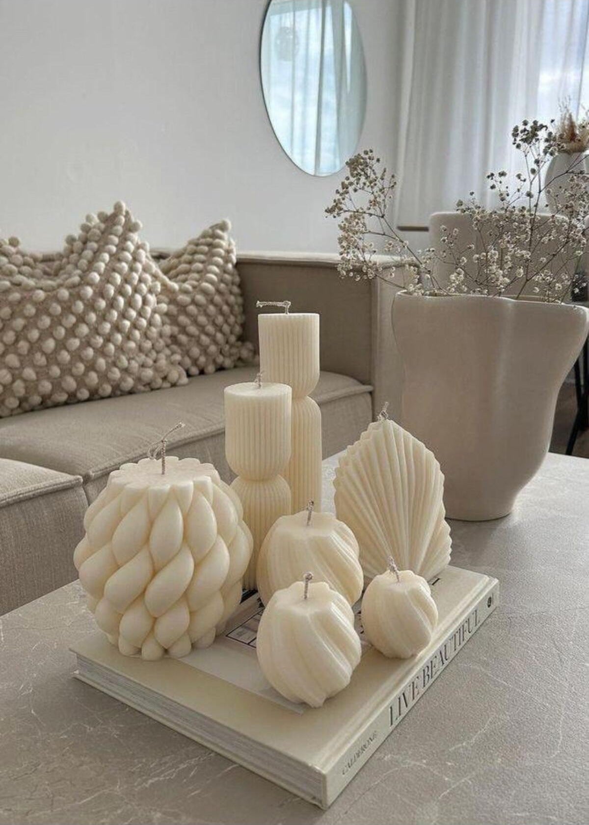 Dekoratif Mum Köşe Set Toplam 7 Parça Kırık Beyaz