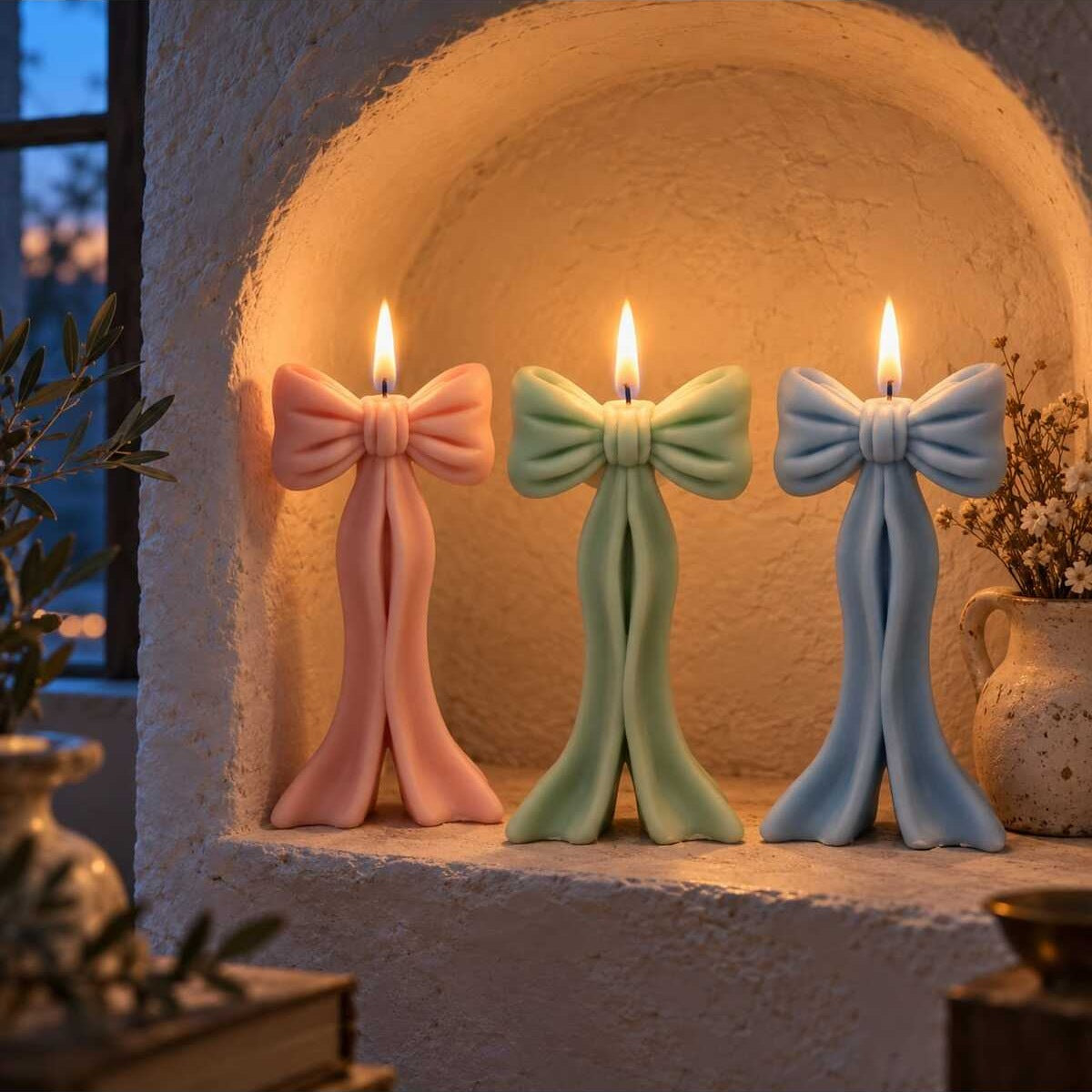 Dekoratif Mum Kurdele Desenli Pembe