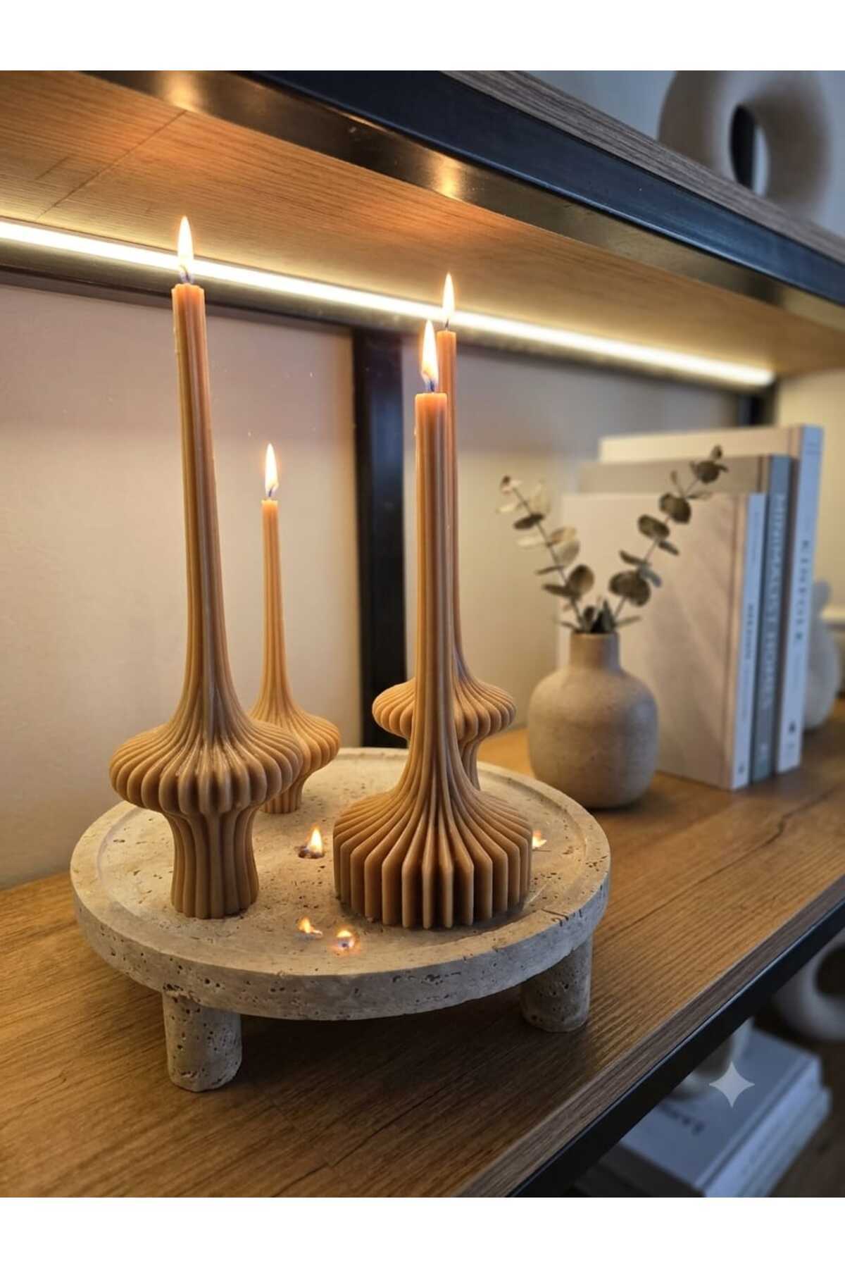 Dekoratif Mum Lara Set 4'lü Parça Sütlü Kahve 25x10 cm 20x8 30x8 cm – görsel 2