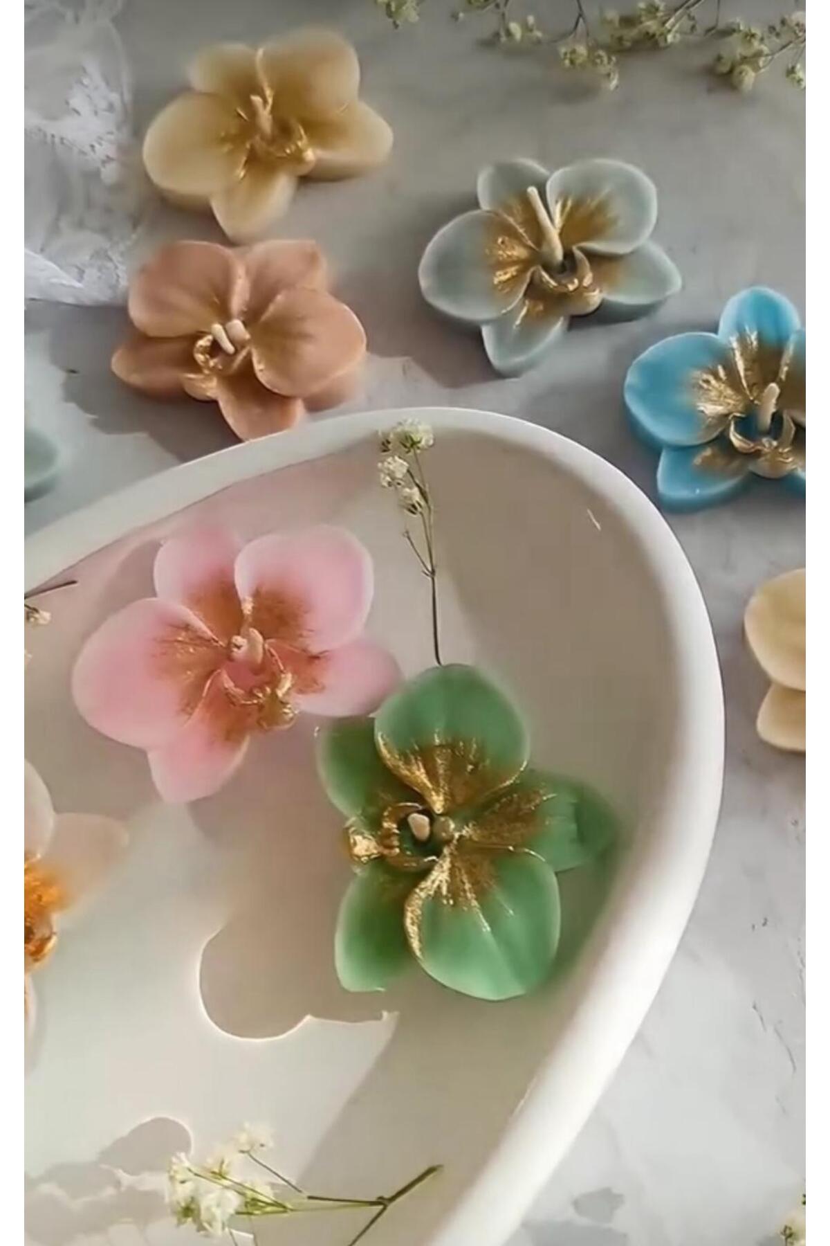 Dekoratif Mum Orkide Çiçiek 5renk 5'li Beyaz + Pembe + Mavi + Yeşil + Sütlü Kahve Toplam 5 Parça – görsel 2
