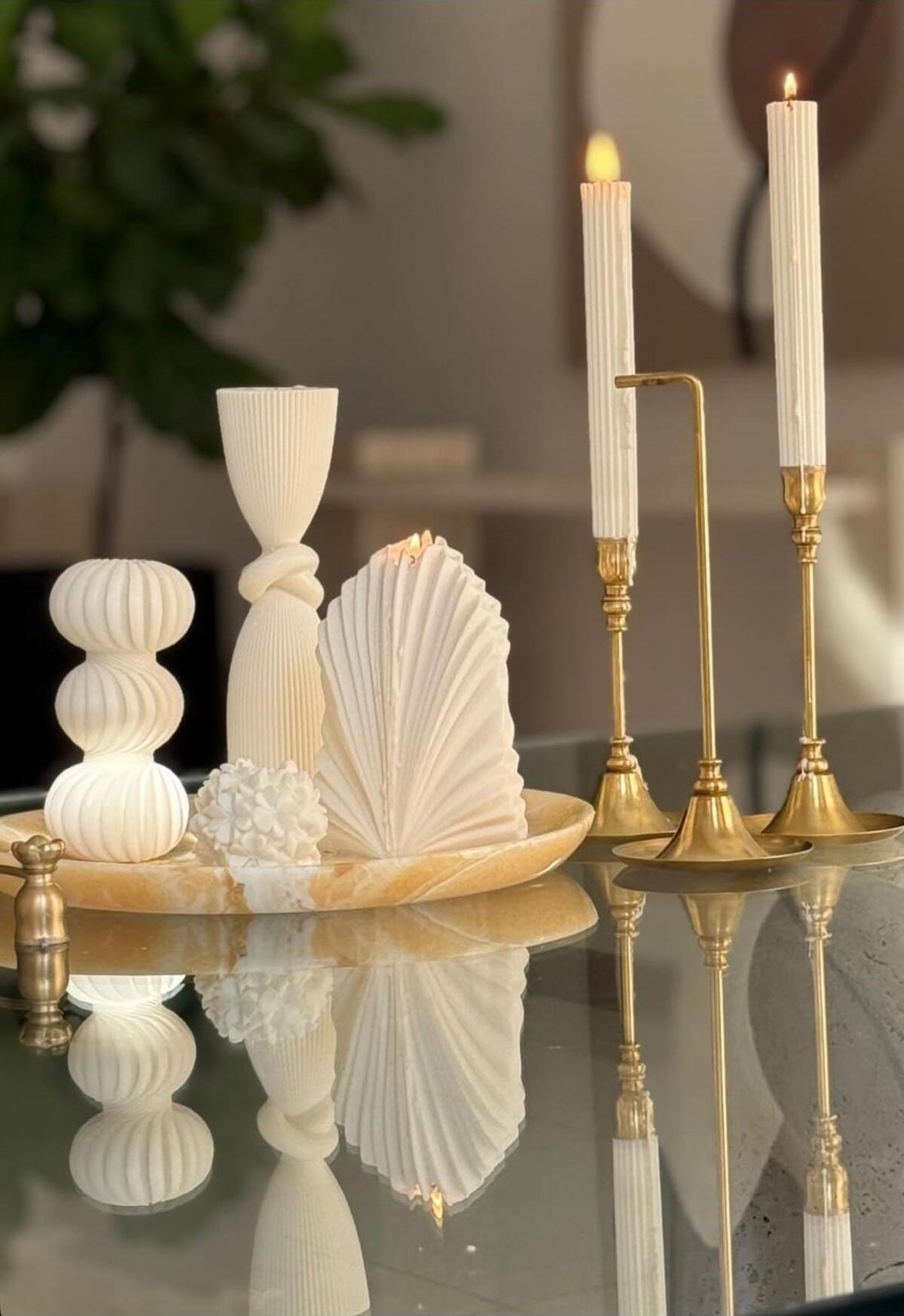Dekoratif Mum Palm + Düğüm Gül + Gül + Üç + Çizgili Şamdan Mum 6'lı Set