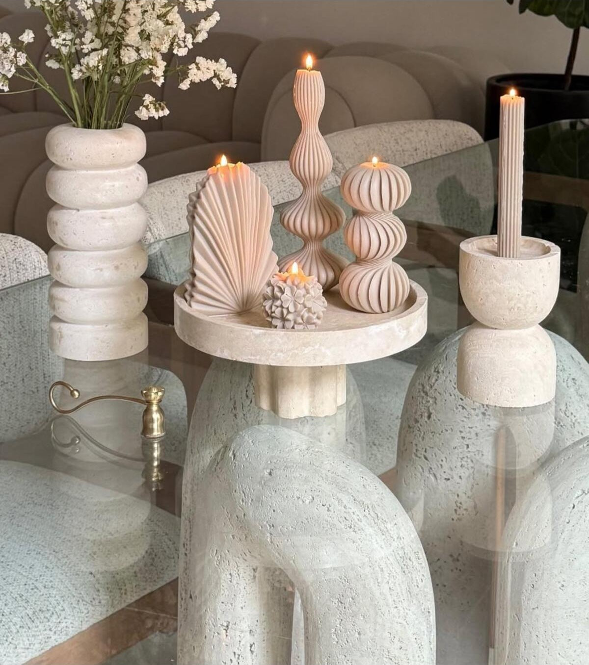 Dekoratif Mum Palm + Marakeş + Gül + Çizgili Şamdan Mum + Üç Yuvarlak Toplam 5 Parça
