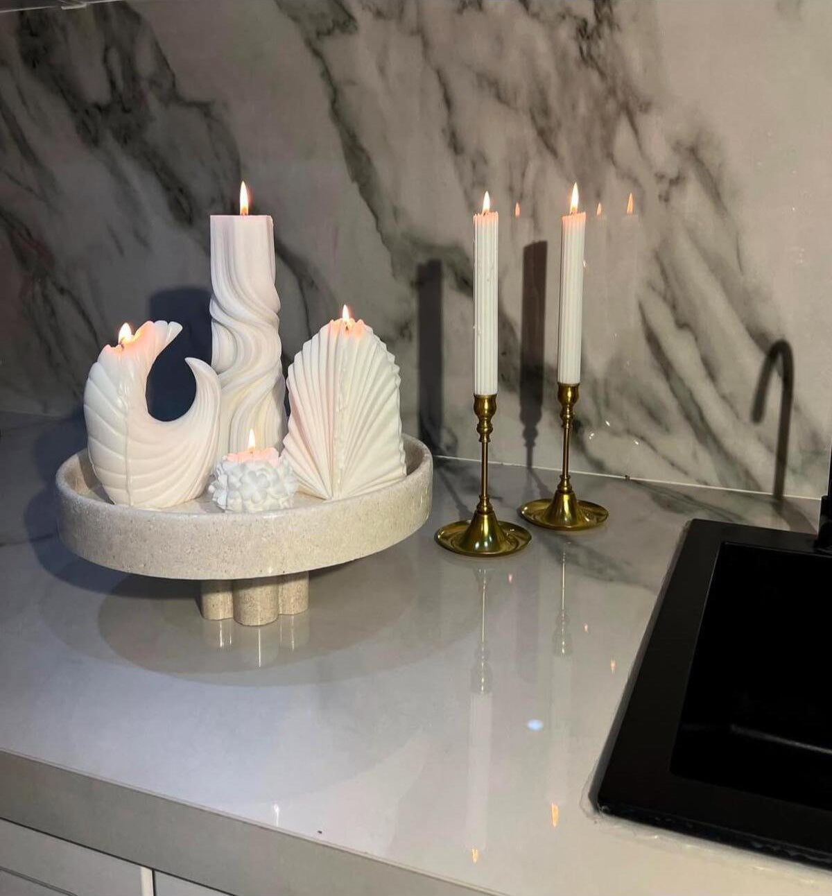 Dekoratif Mum Palm ve Dalga ve Ay ve Gül ve Çizgili Şamdan Mumu 6'lı Set