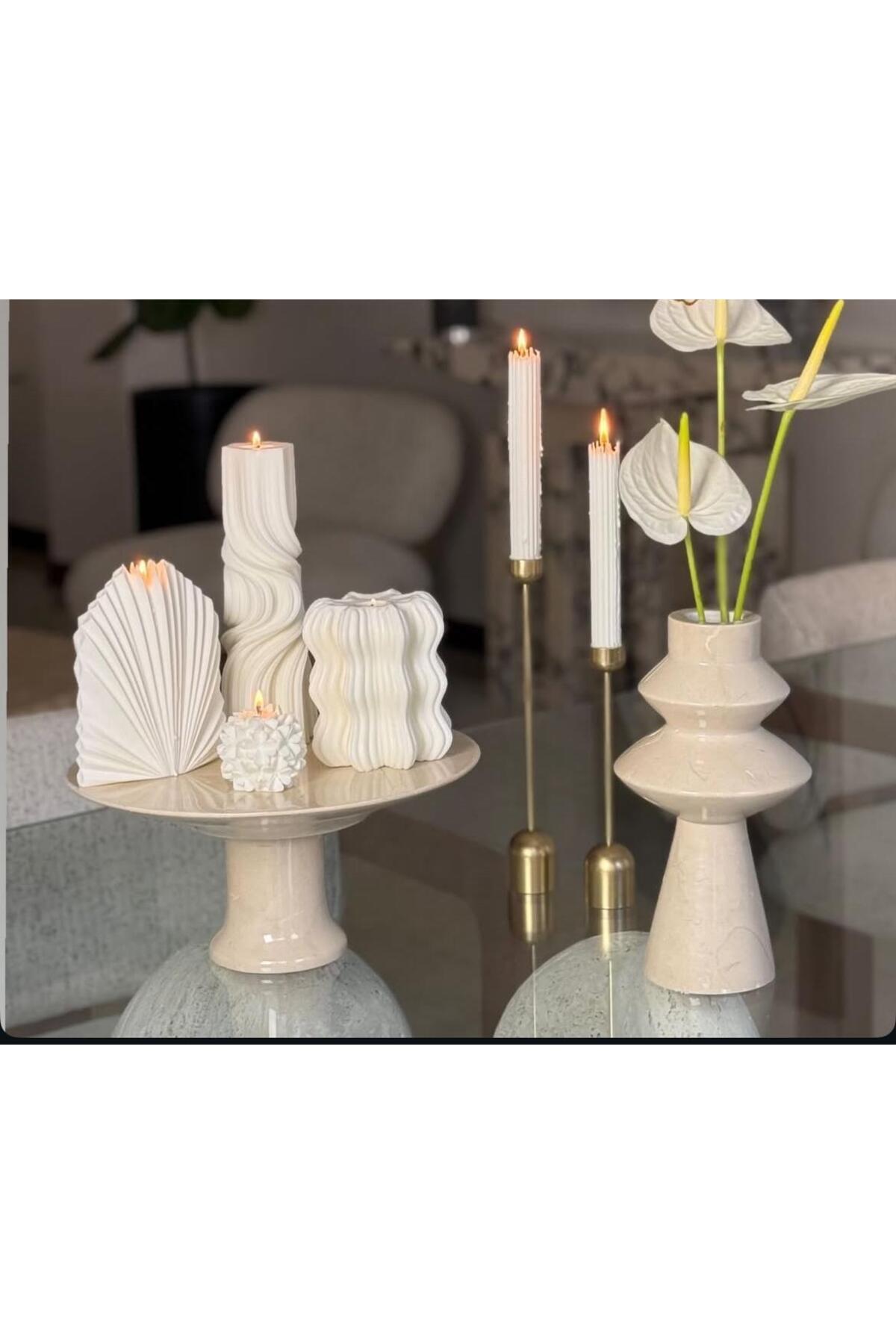 Dekoratif Mum Palm ve Dalga ve Gül ve Dalga ve Çizgili Şamdan Mumu 6'lı Set – görsel 2