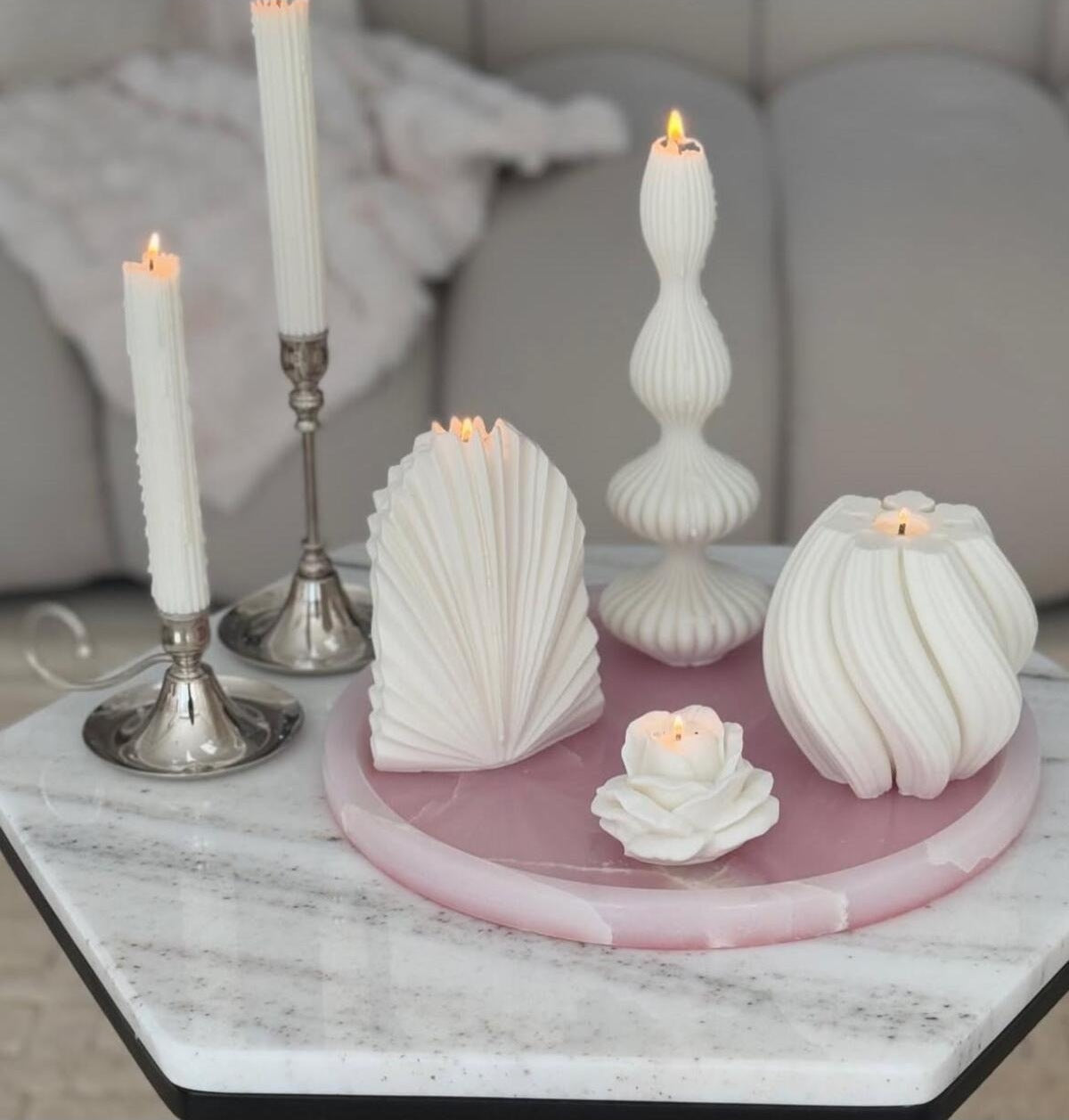 Dekoratif Mum Palm ve Marako ve Dalga ve Gül ve Çizgili Şamdan Mumu 6'lı Set