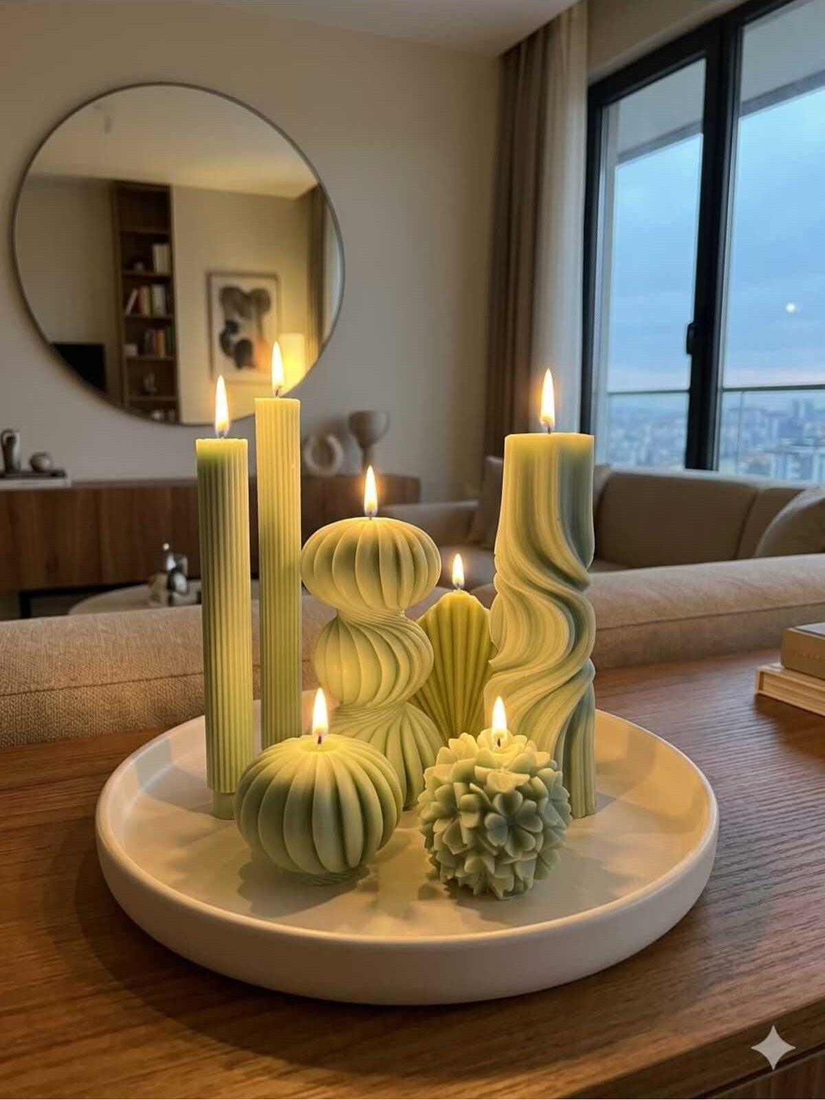 Dekoratif Mum Palm ve Top ve Dalga ve Çiçek ve Şamdan Mumu ve Üç Toplu 7'li Set