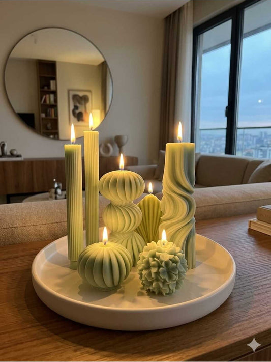 Dekoratif Mum Palm ve Top ve Dalga ve Çiçek ve Şamdan Mumu ve Üç Toplu 7'li Set